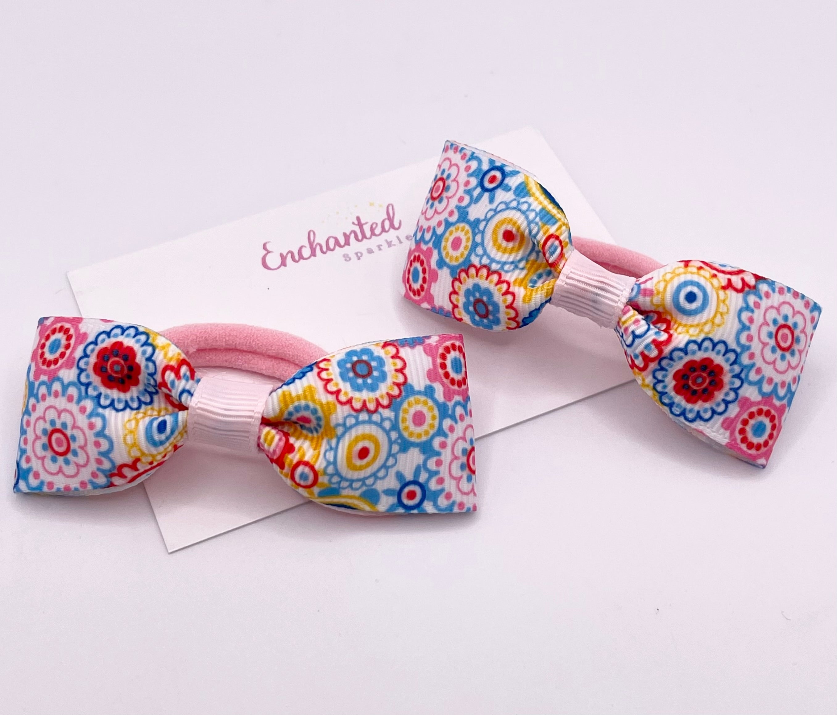 Vintage Floral Ribbon Tux Bow Hair bobble Pair