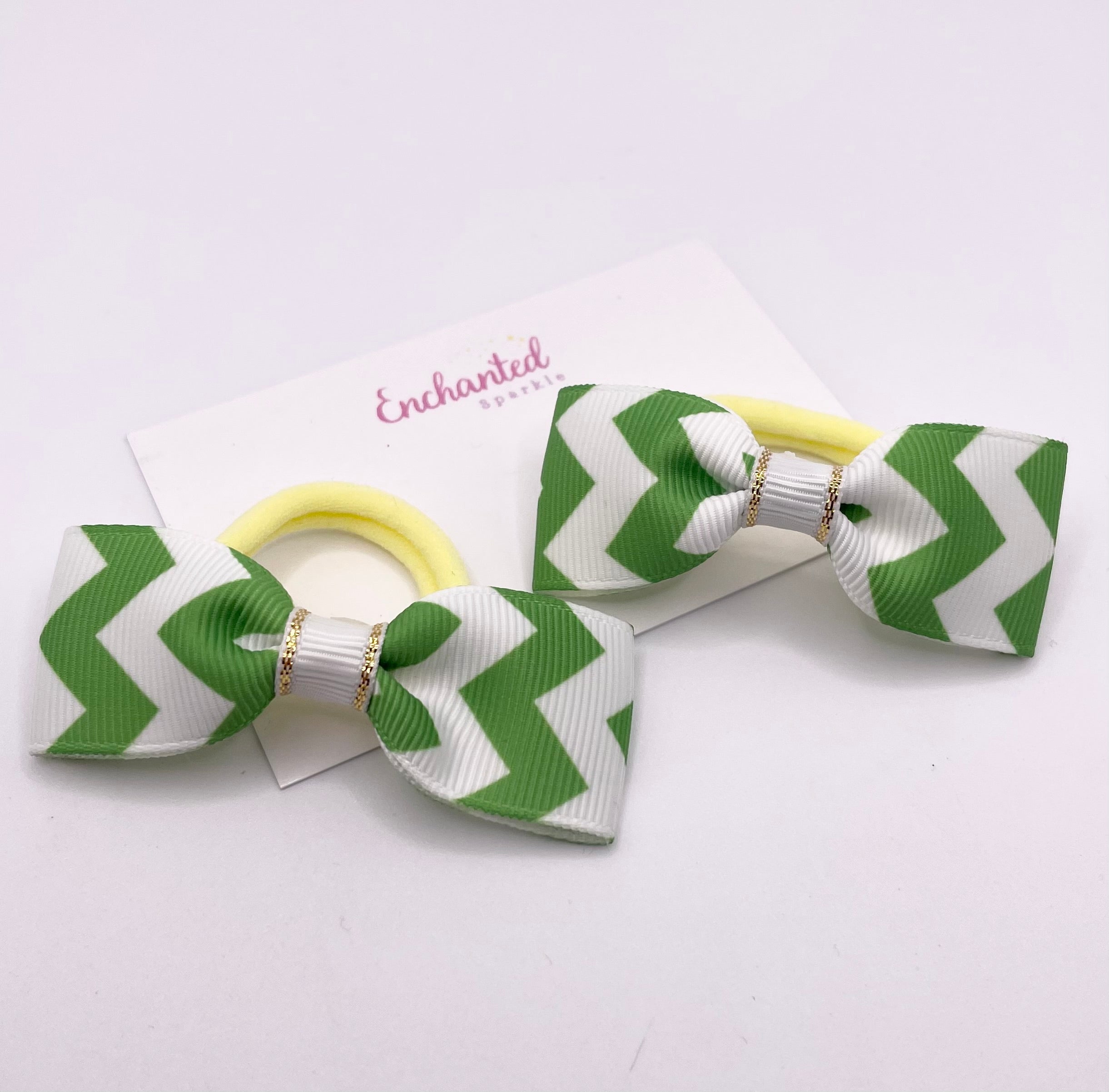 Green Chevron Print Ribbon Tux Bow Hair bobble Pair