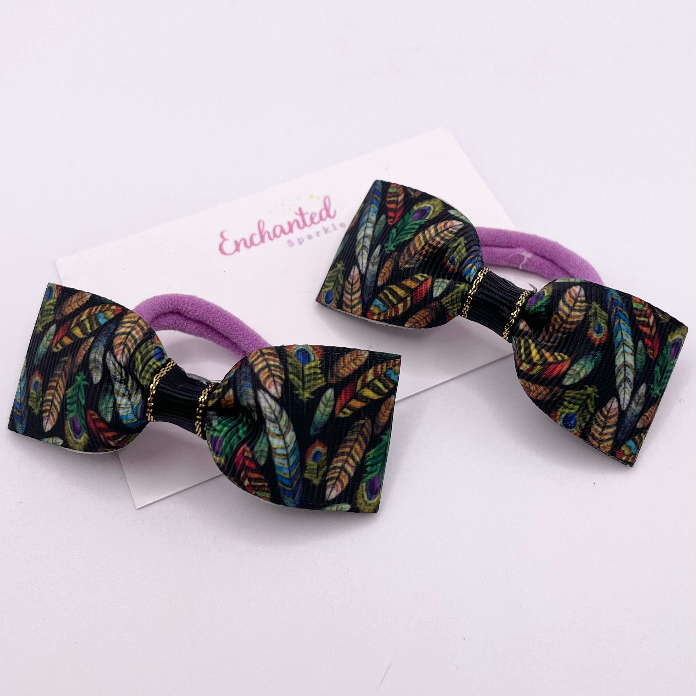 Feathers Print Ribbon Tux Bow Hair bobble Pair