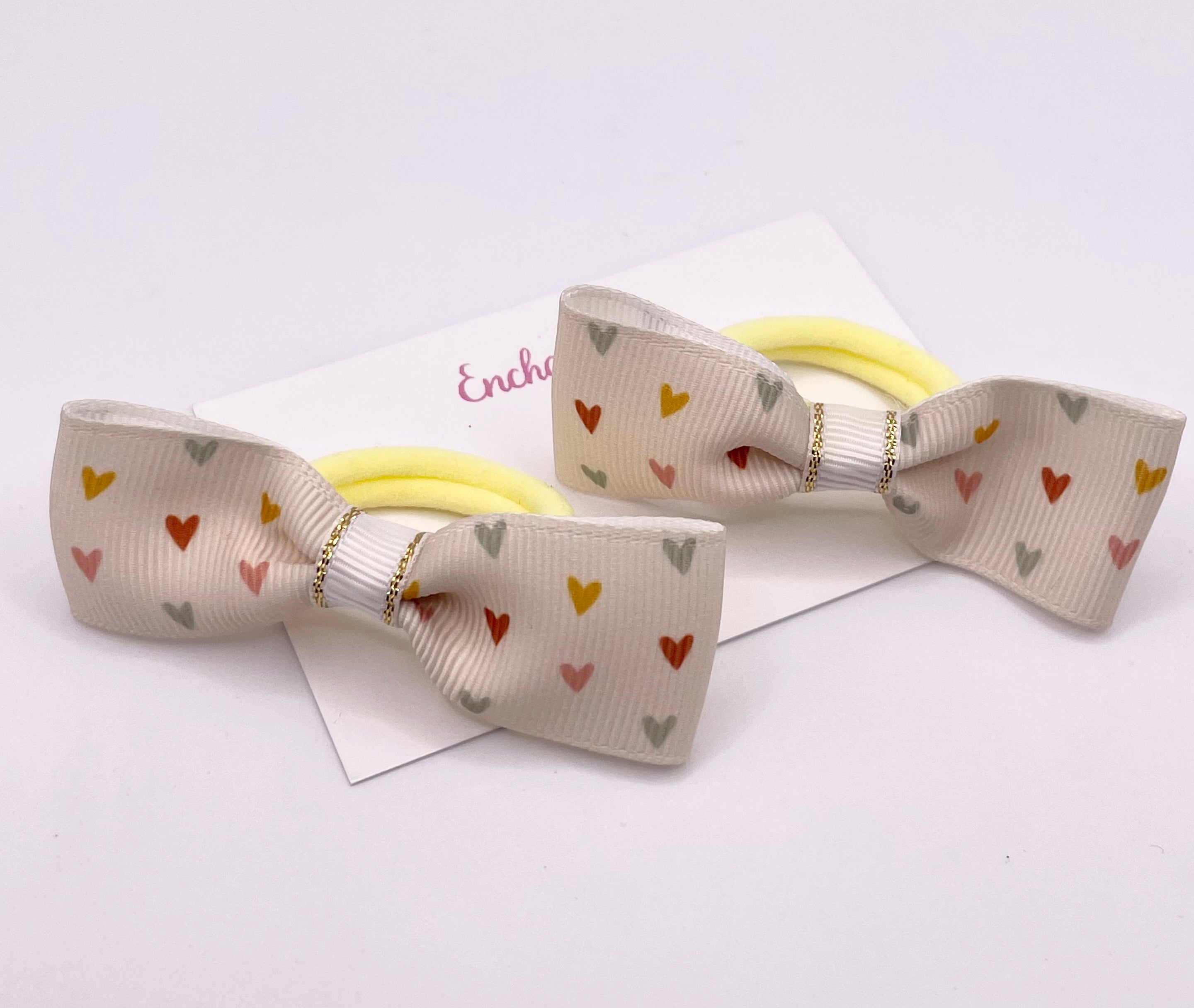 Cream Hearts Ribbon Tux Bow Hair bobble Pair