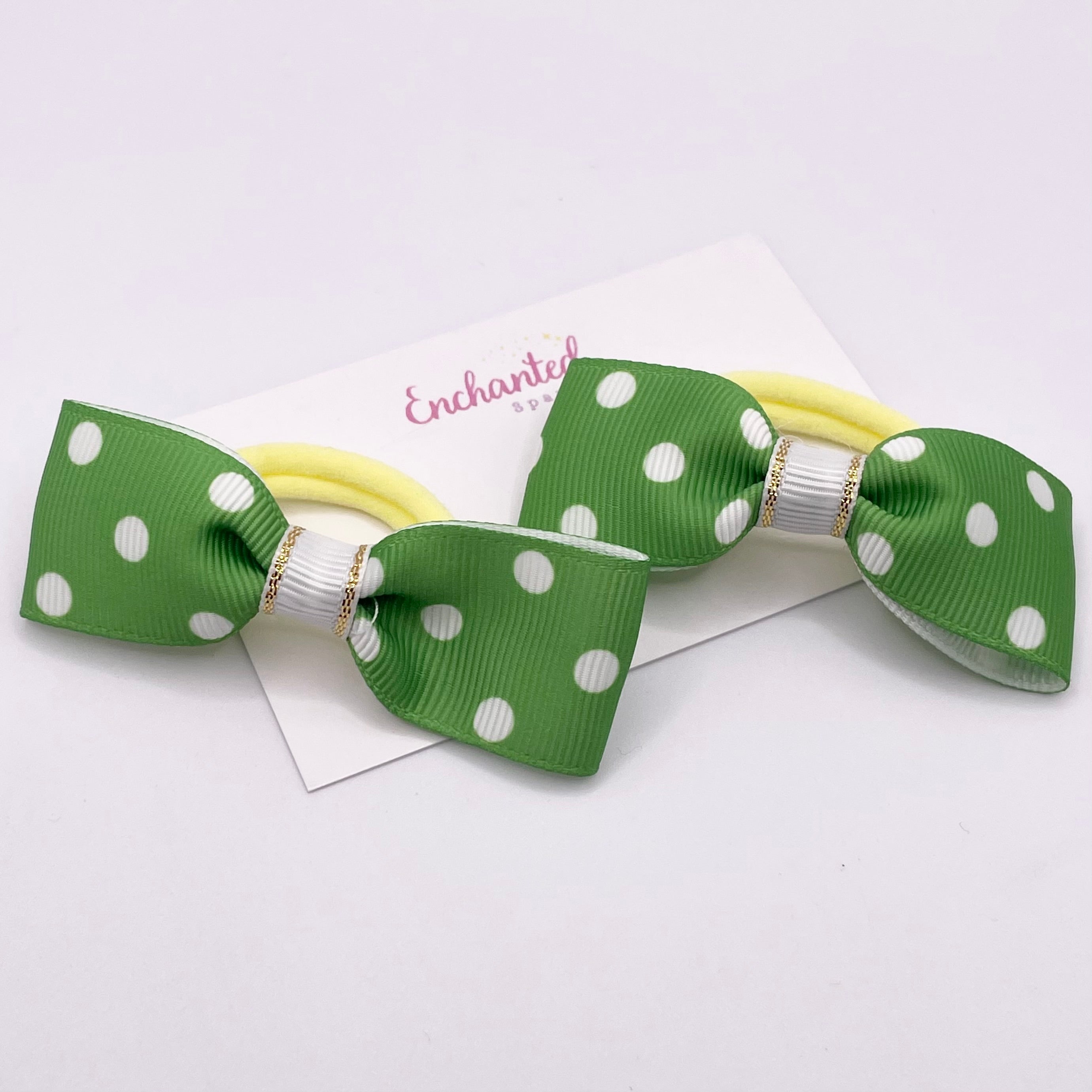 Green Polka Dot Print Ribbon Tux Bow Hair bobble Pair