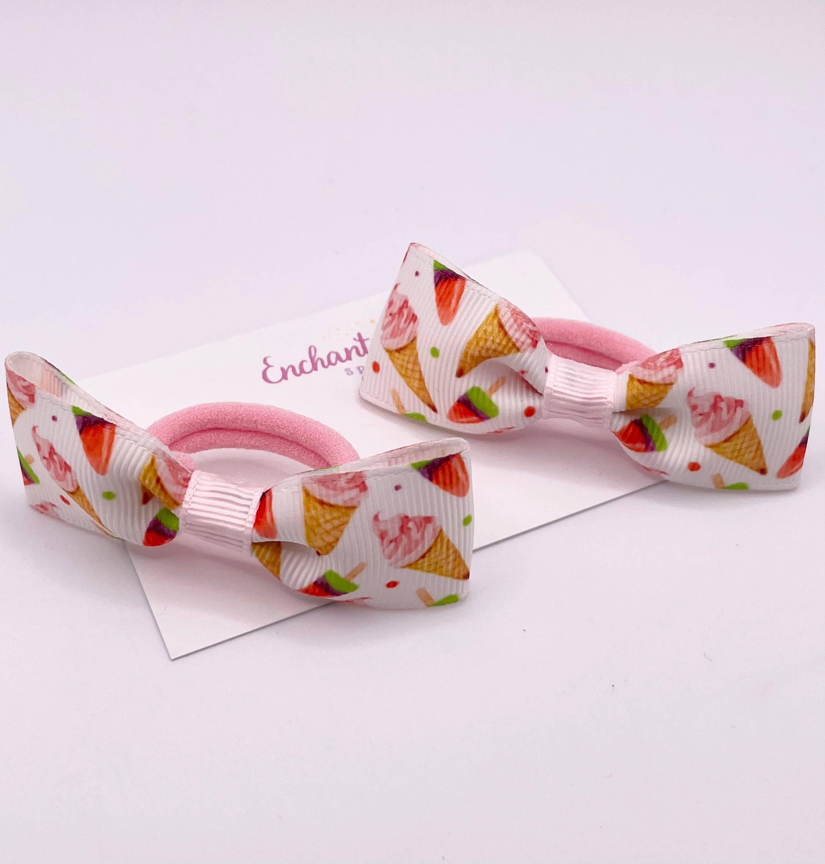 Ice Cream Print Ribbon Tux Bow Hair bobble Pair