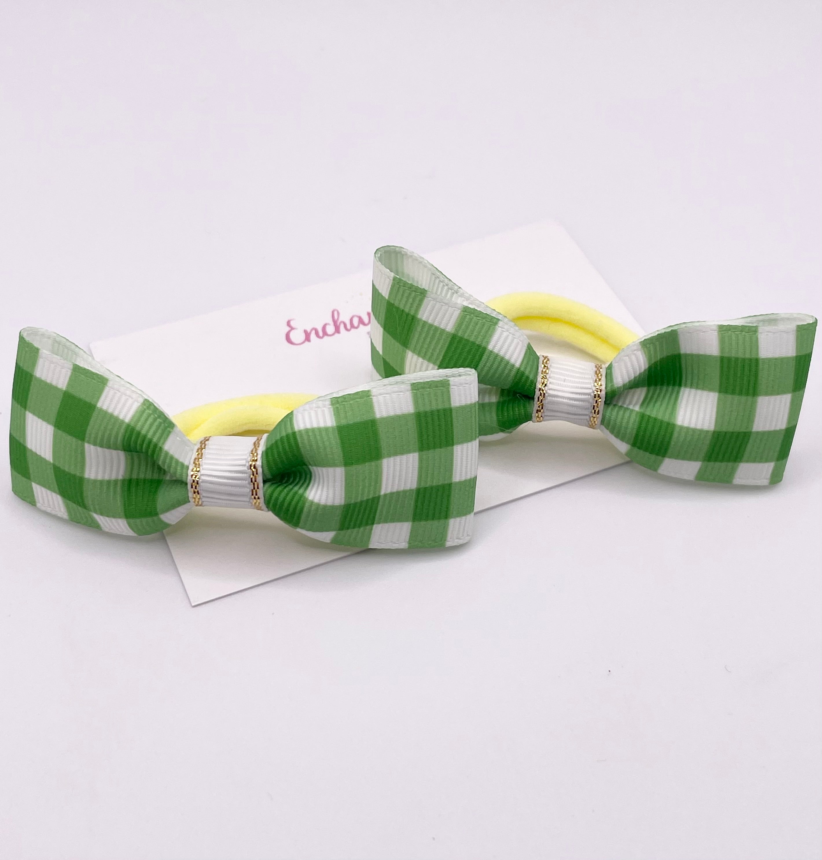 Green Gingham Print Ribbon Tux Bow Hair bobble Pair