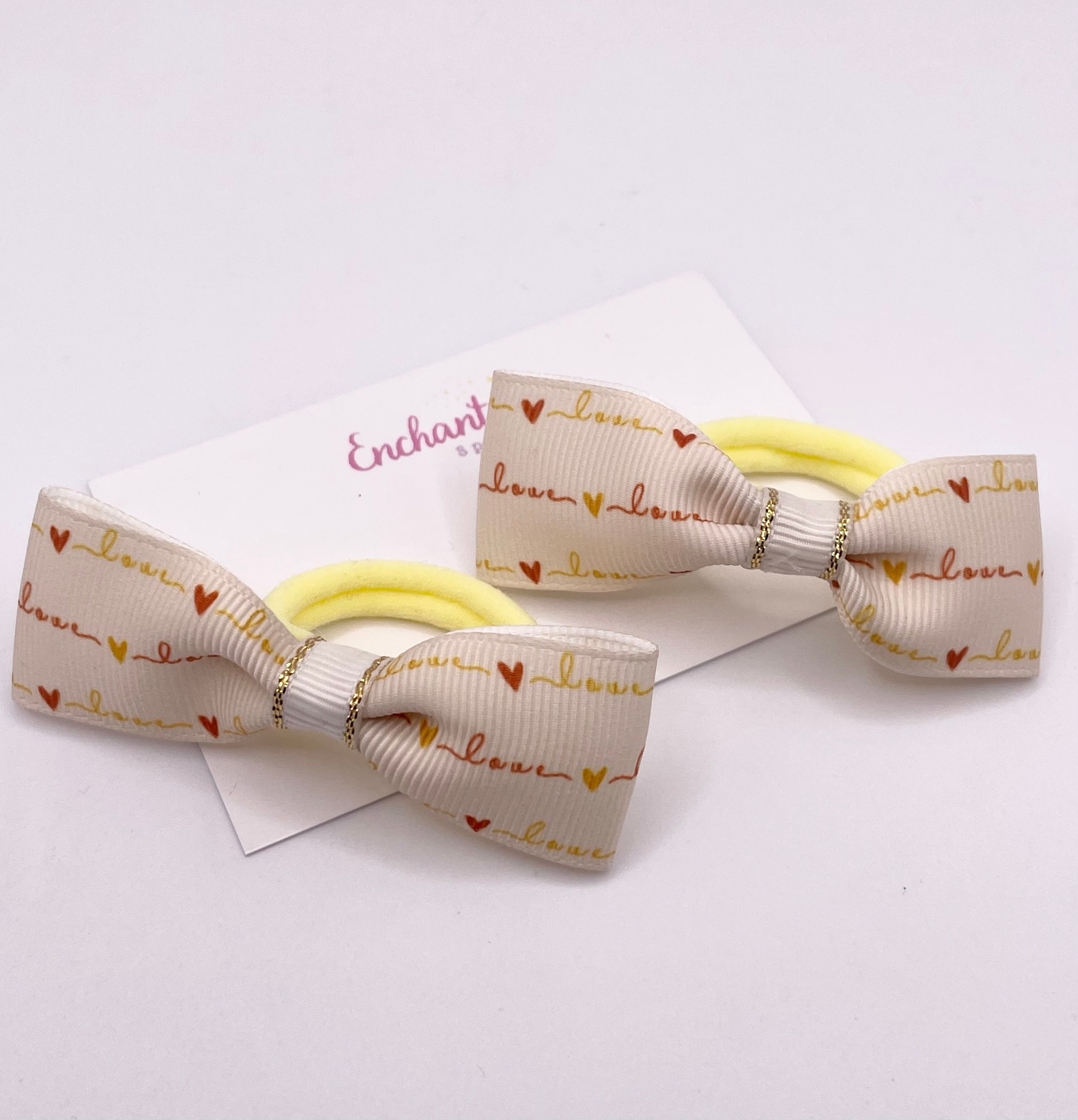 Love Script Ribbon Tux Bow Hair bobble Pair