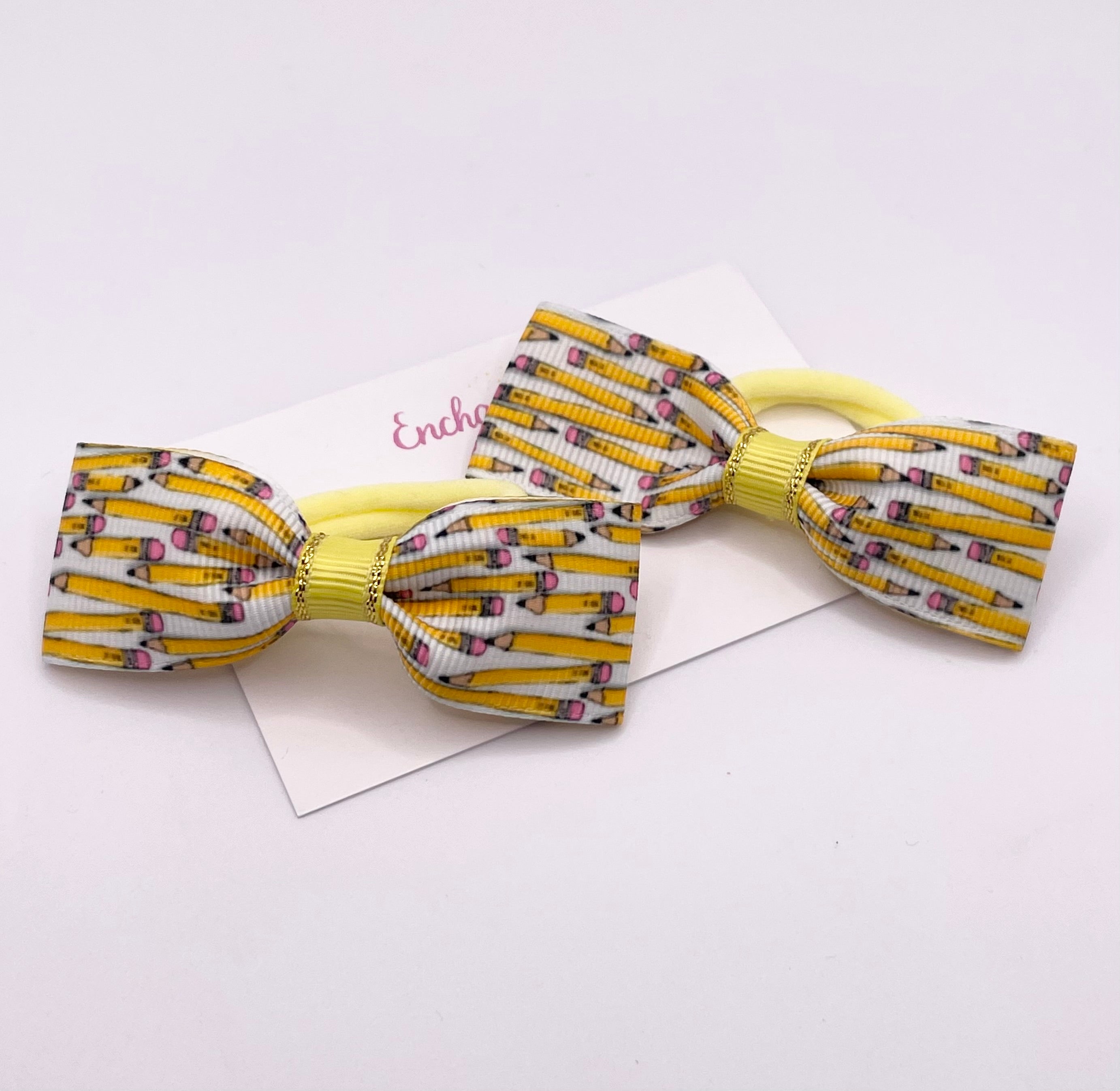 Pencil Print Ribbon Tux Bow Hair bobble Pair