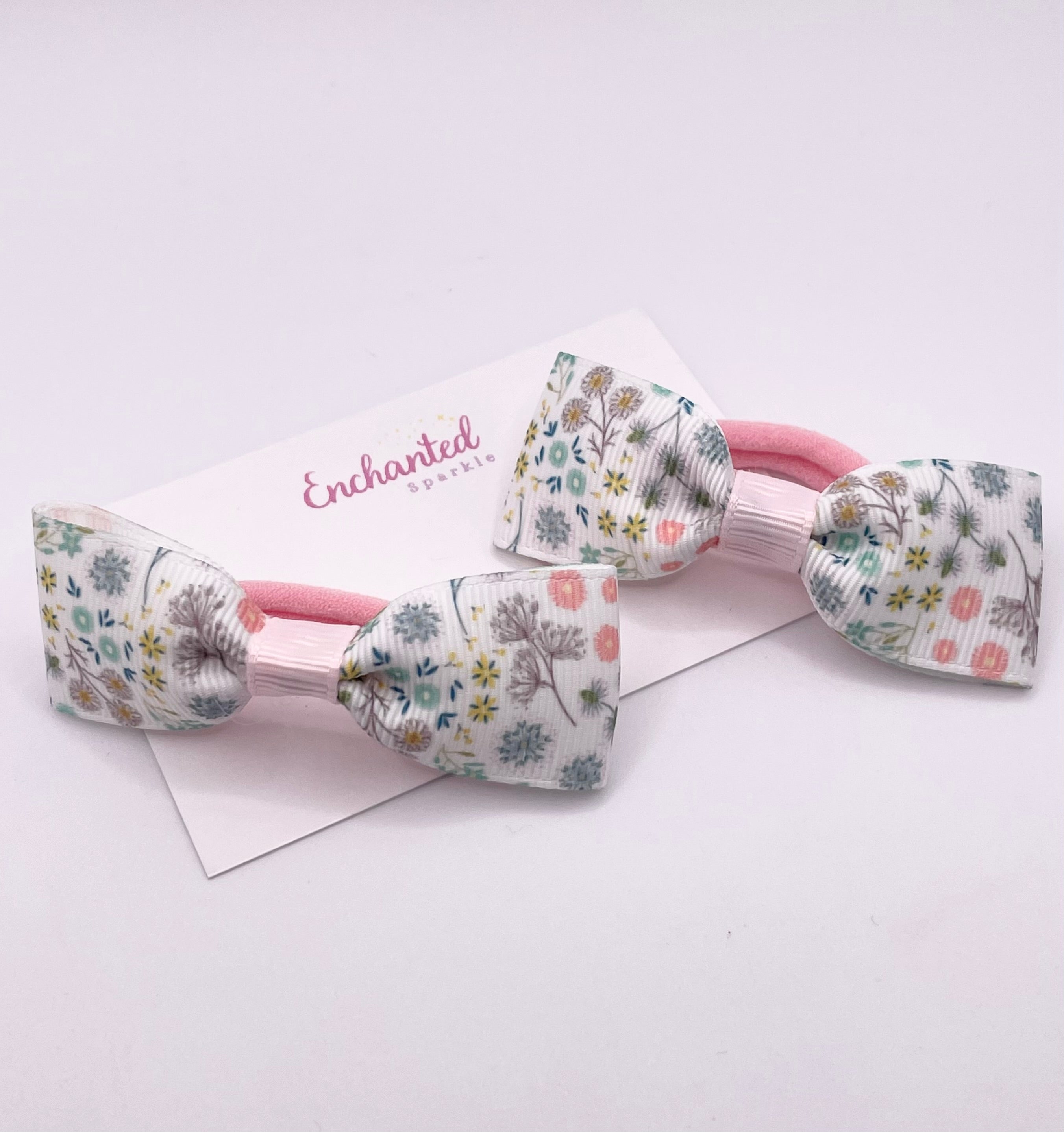Pretty Floral Print Ribbon Tux Bow Hair bobble Pair