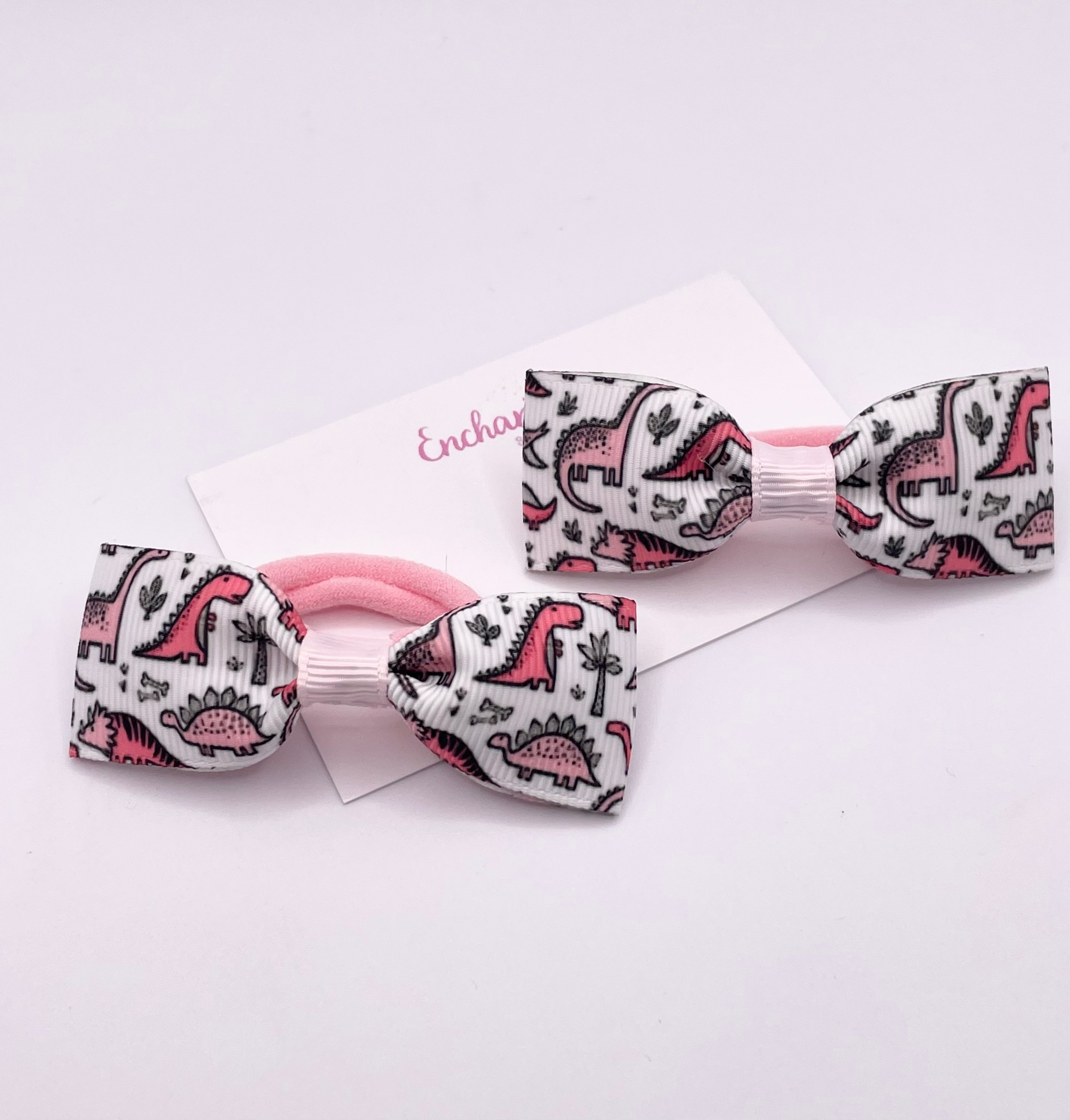 Pink Dinosair Print Ribbon Tux Bow Hair bobble Pair