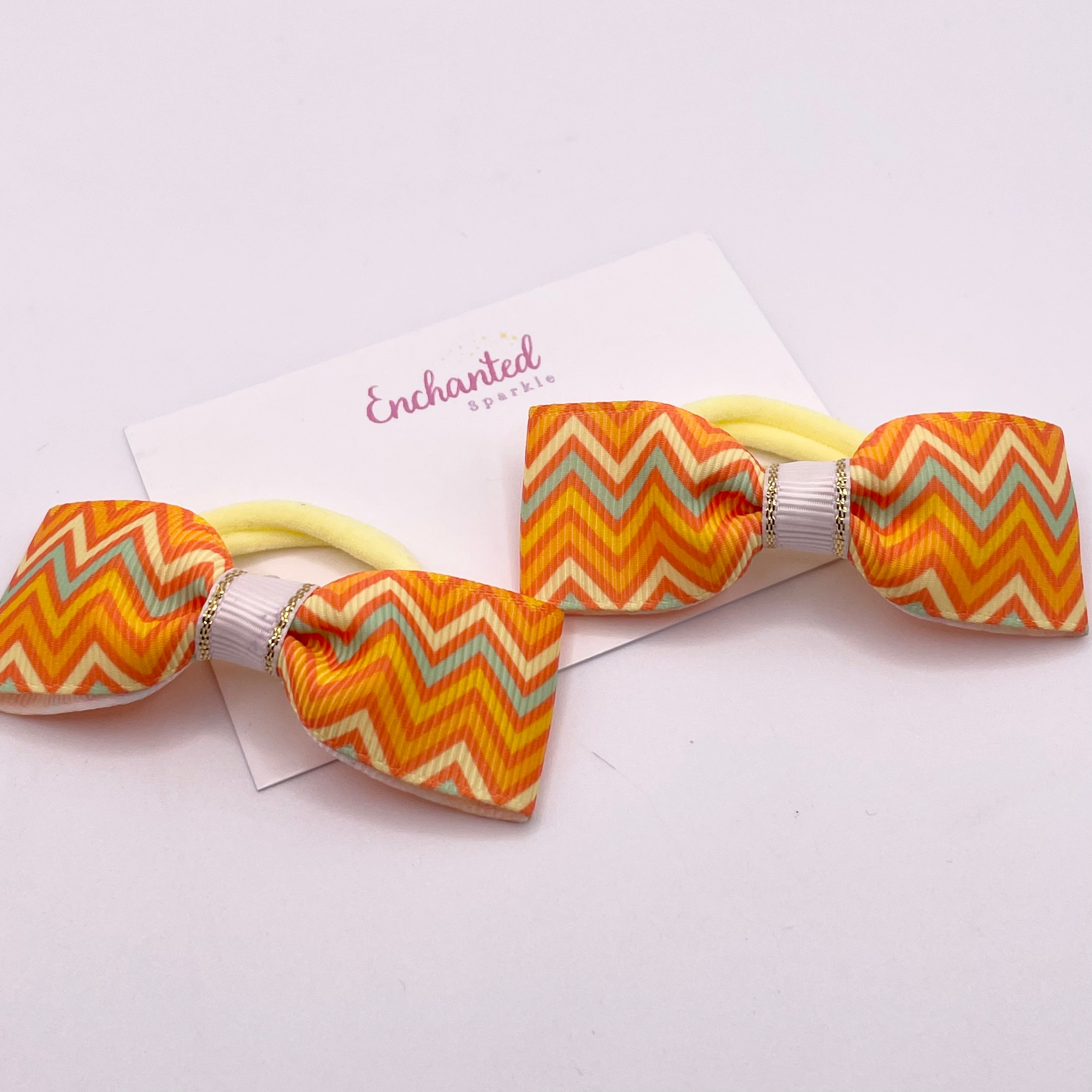 Orange Chevron Print Ribbon Tux Bow Hair bobble Pair