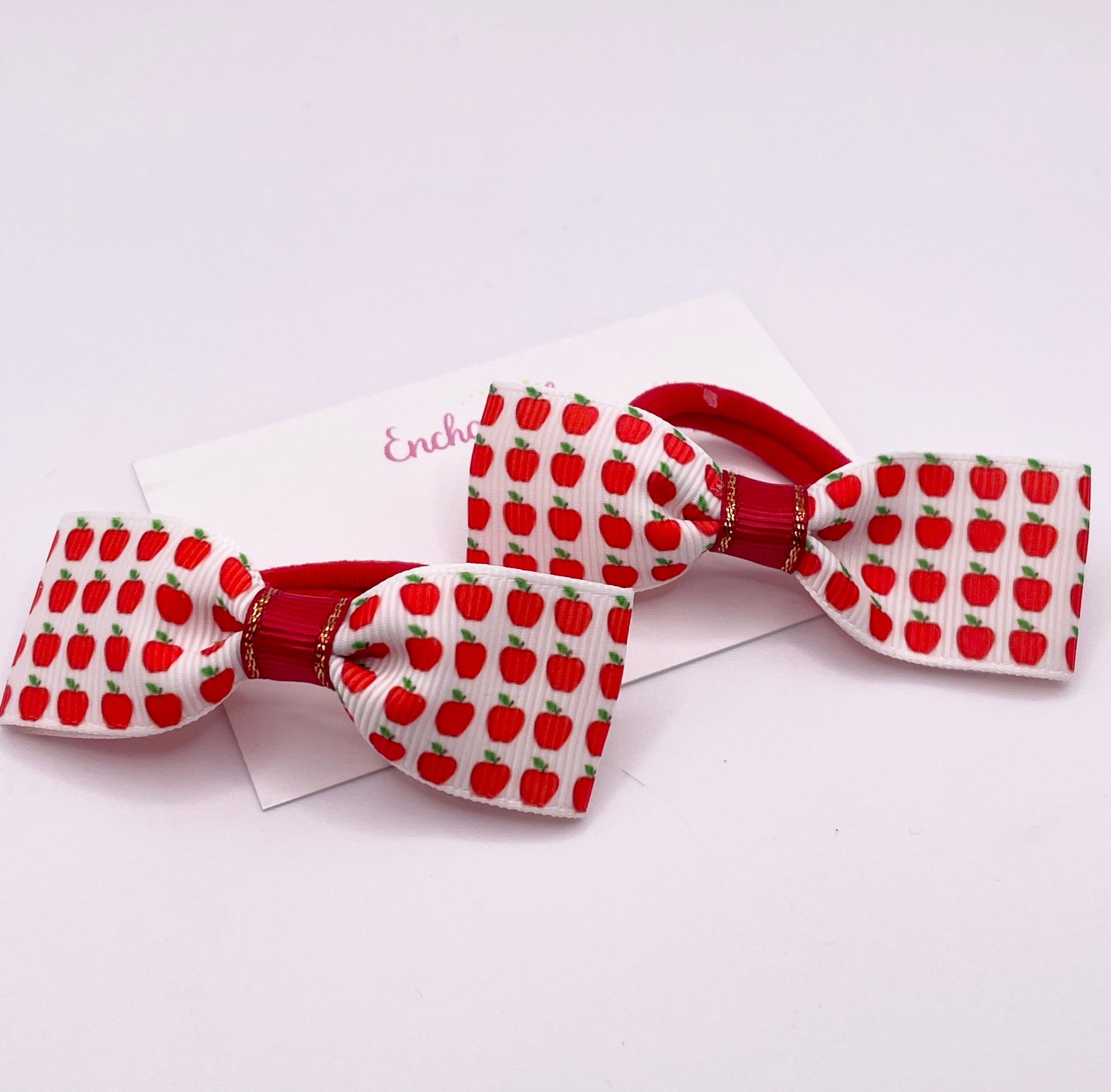 Apple Print Ribbon Tux Bow Hair bobble Pair