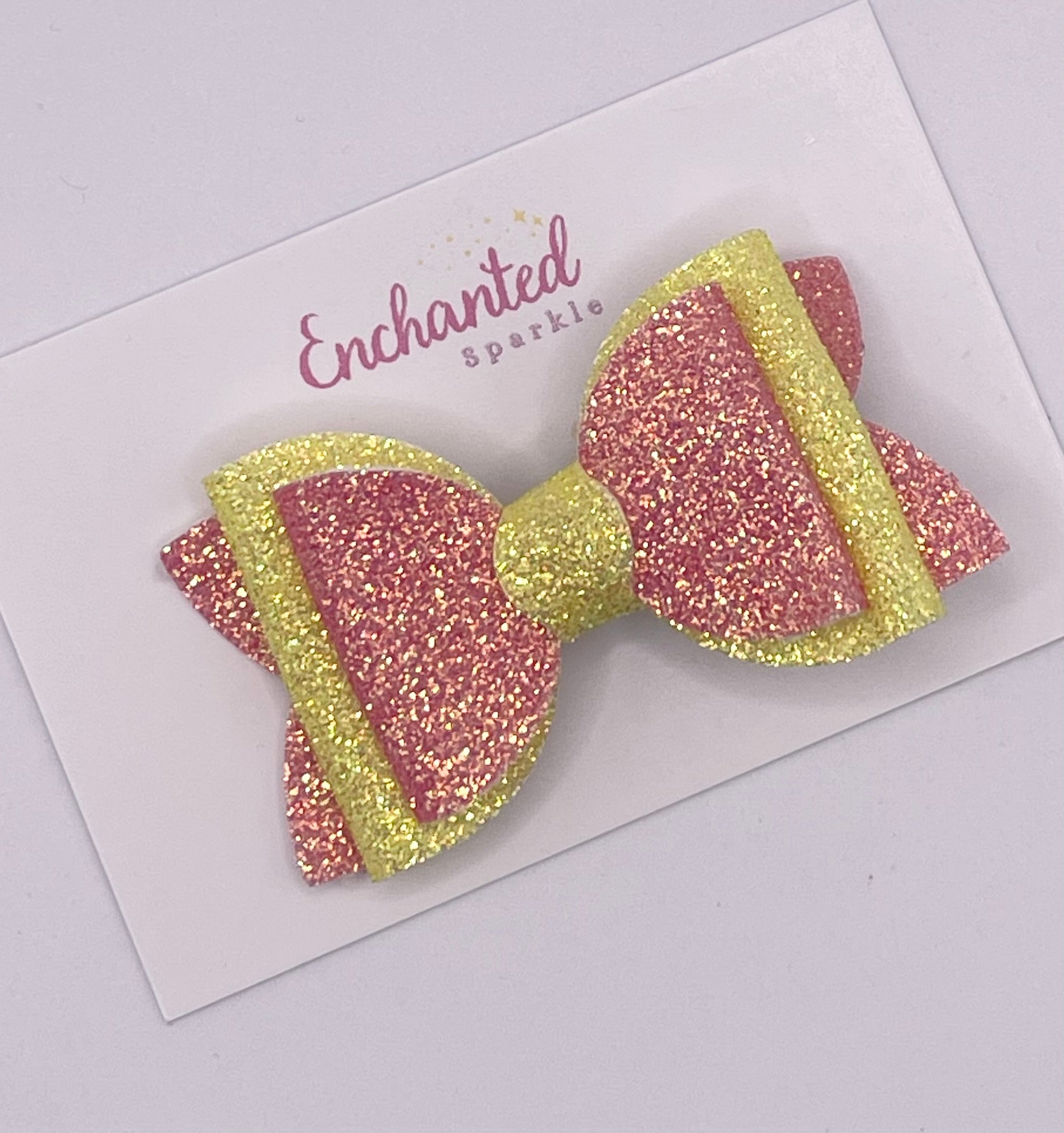 Pink/ Yellow Glitter - 2.5" Hair Bow Clip