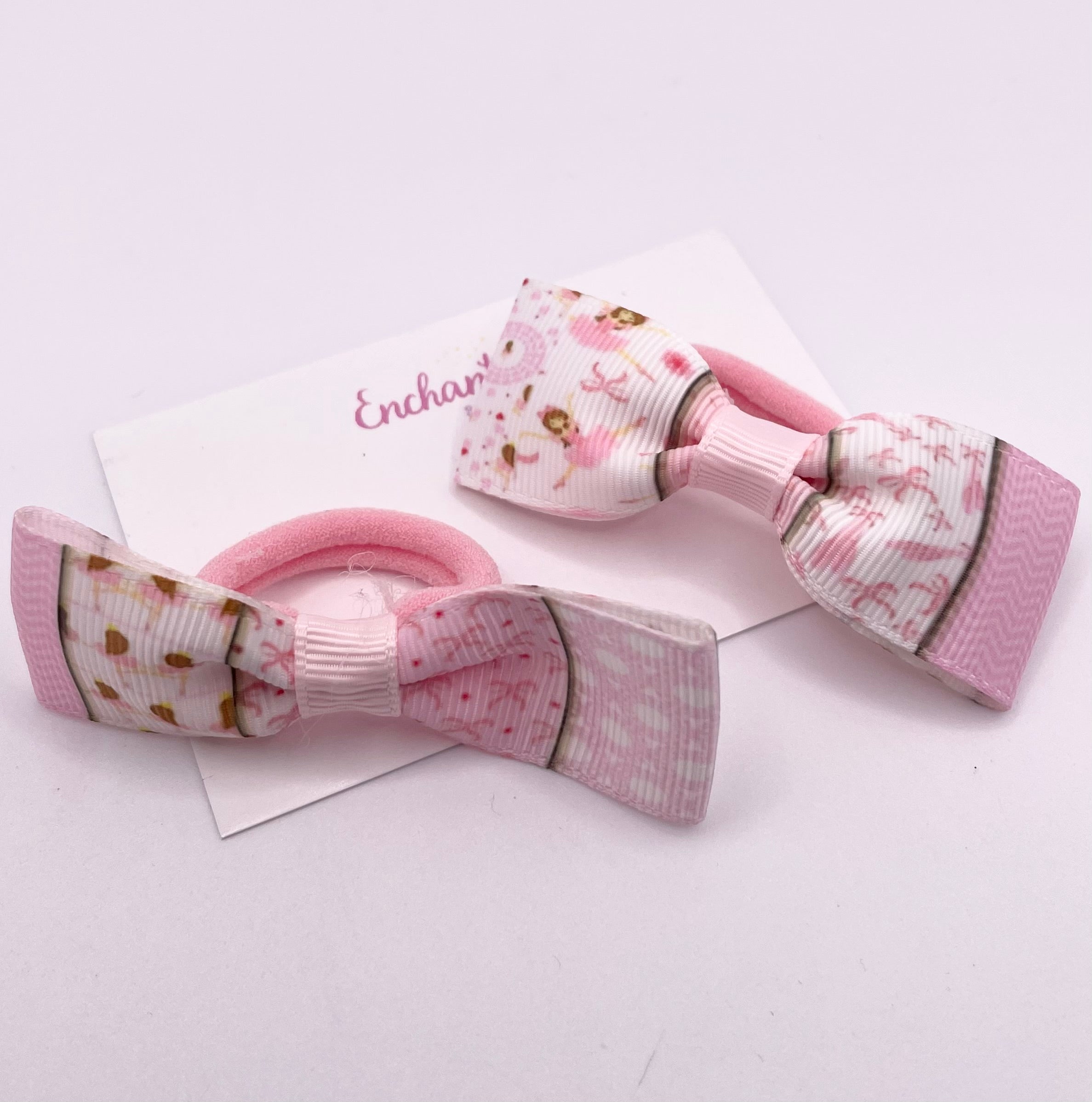 Ballerina Print Ribbon Tux Bow Hair bobble Pair