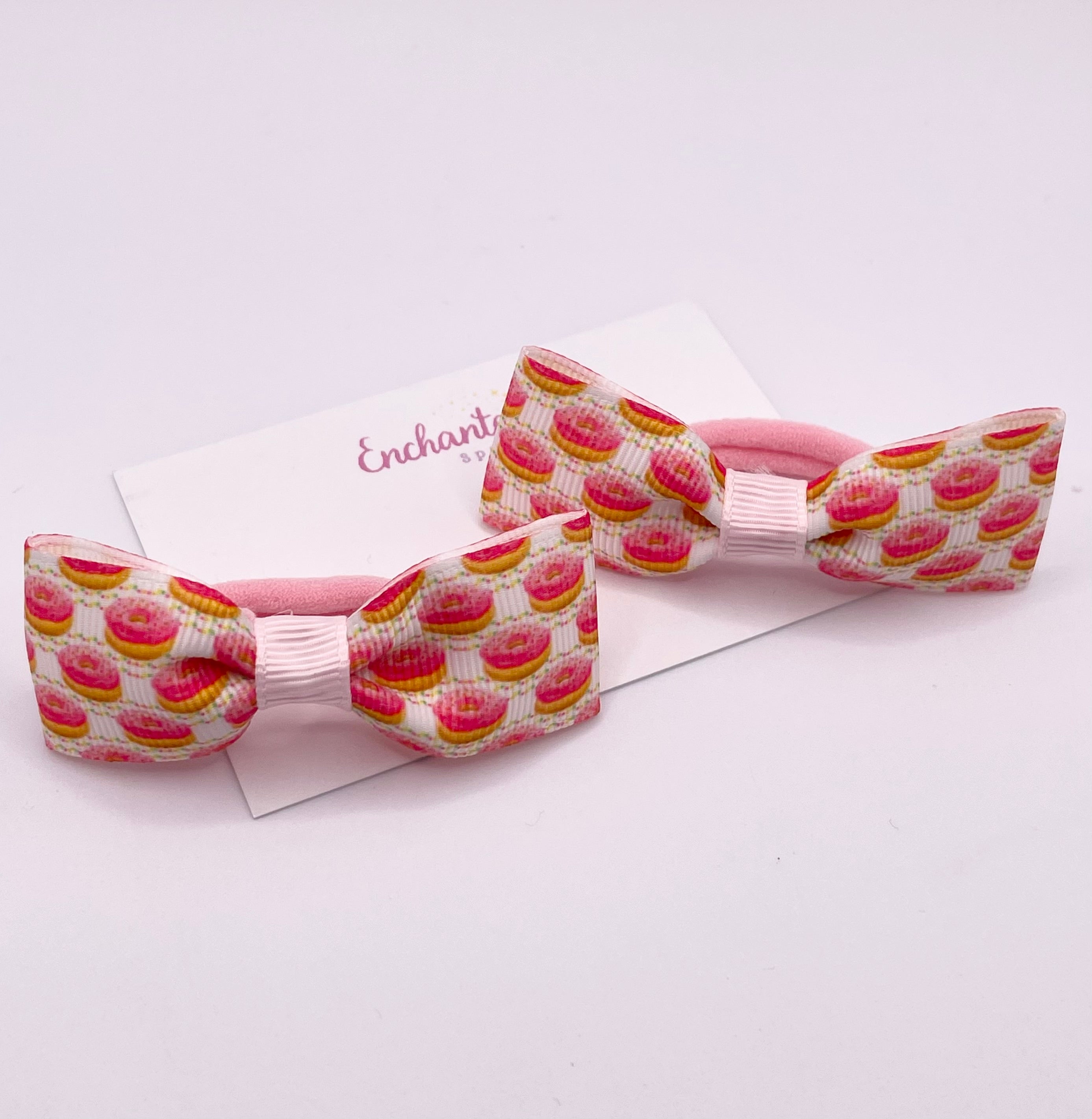 Pink Donut Print Ribbon Tux Bow Hair bobble Pair