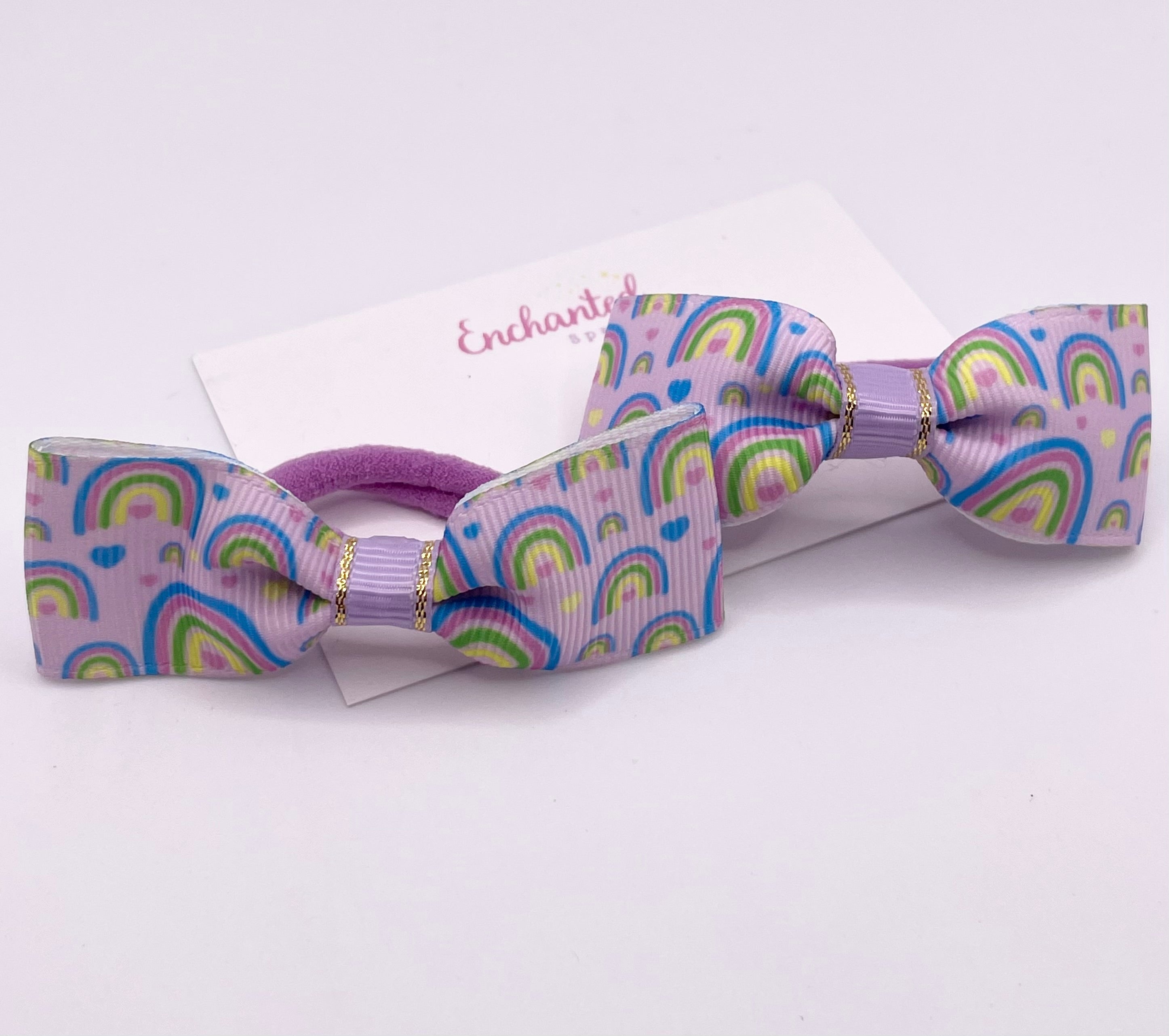 Purple Rainbows Ribbon Tux Bow Hair bobble Pair