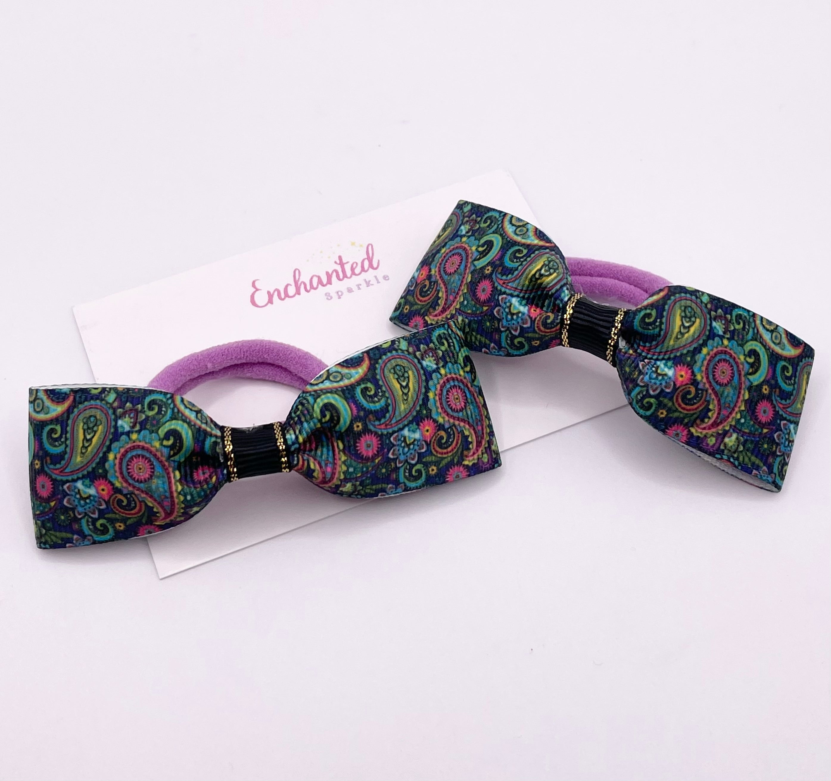 Paisley Print Ribbon Tux Bow Hair bobble Pair